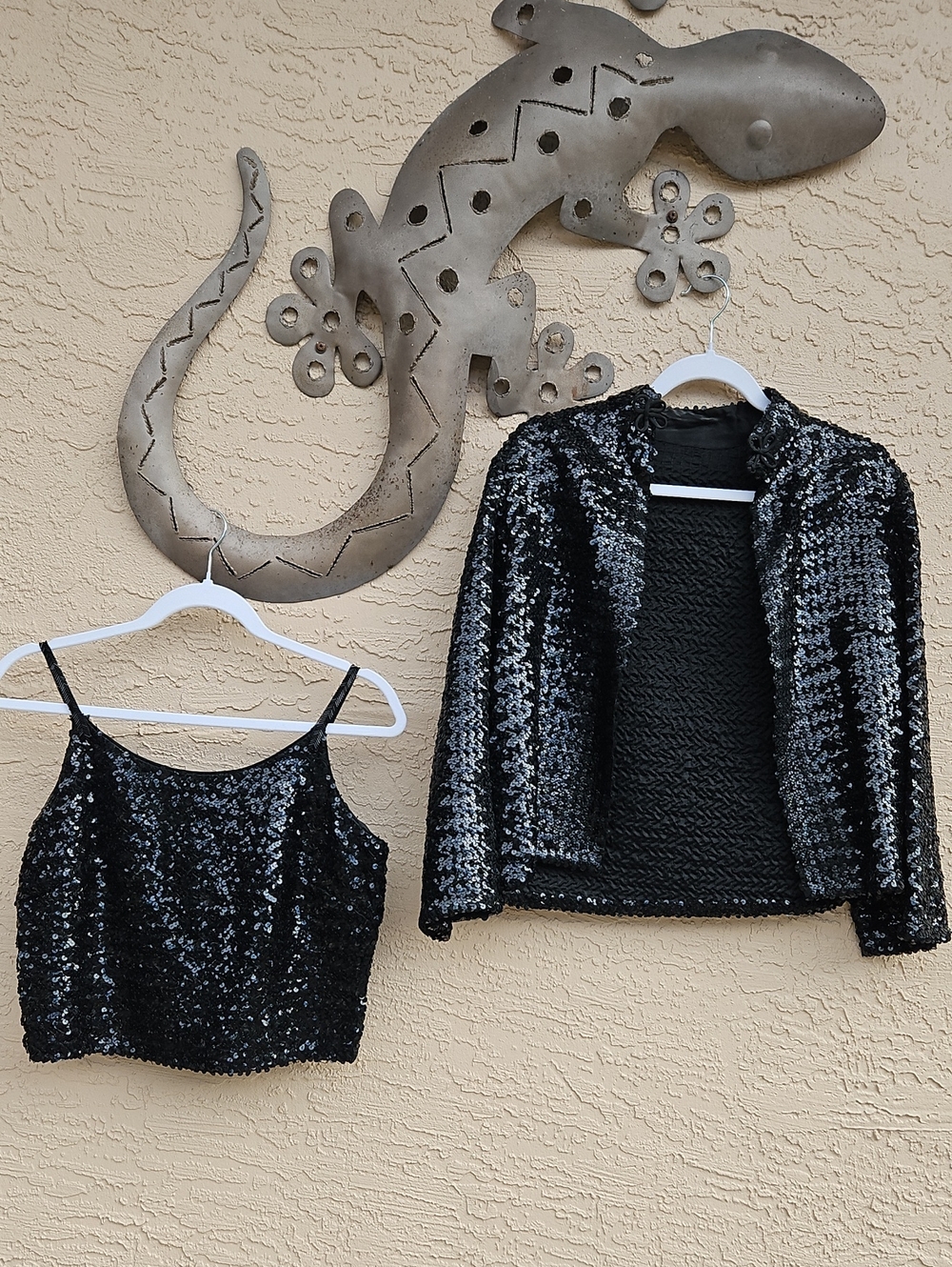 Vintage Black Sequin Strappy Top & Jacket Set